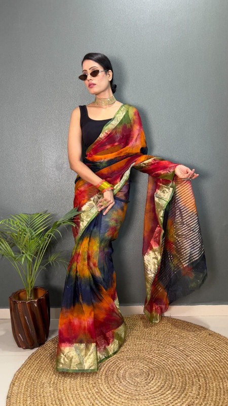 Bella Aura Beautiful Organza Printed Saree With Unstitched Blouse