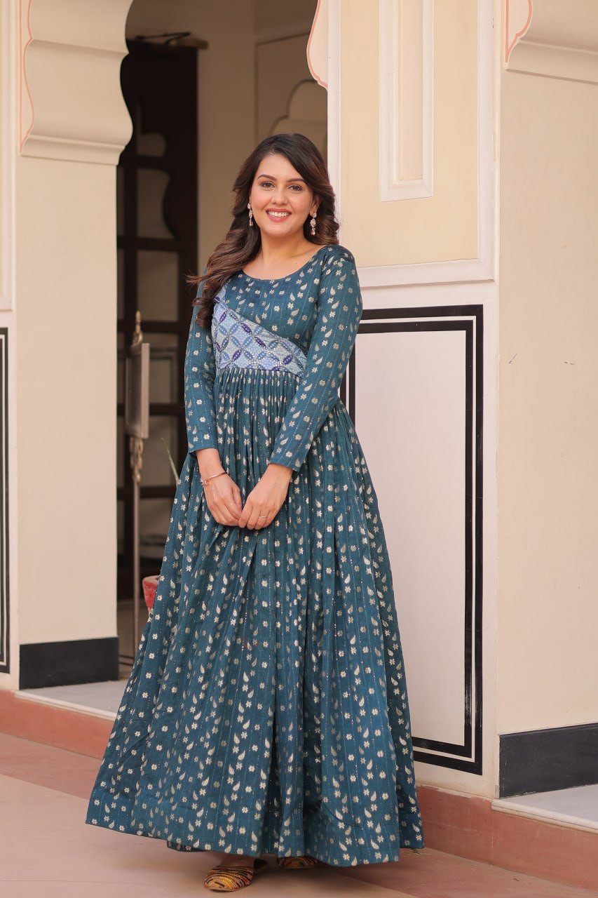 Teal Blue Ethnic Gown with Self-Weave & Position Print