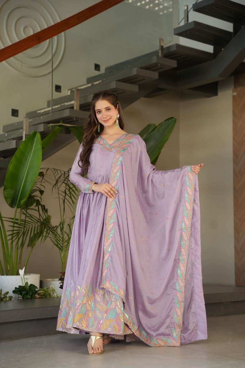 Wearup Women’s Chinnon Embroidered Gown with Dupatta Full Sleeves - Lavender