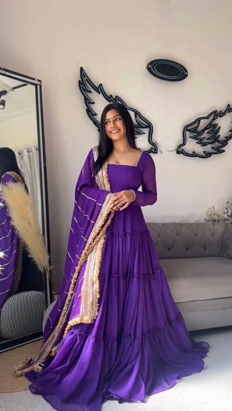 Wearup Purple Faux Georgette Ruffle Gown with Embroidered Dupatta