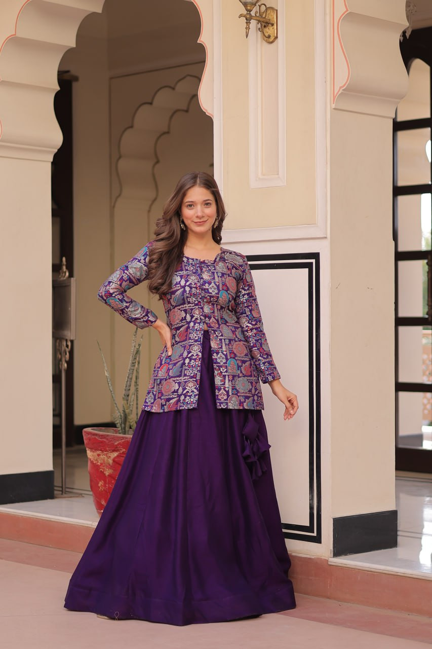 Wearup Premium Purple & Maroon Readymade Lehenga Choli Set with Jacquard Work & Fancy Neck