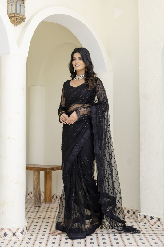 Bollywood-Inspired Black Sequin Soft Net Saree with Sheer Full Sleeves Blouse