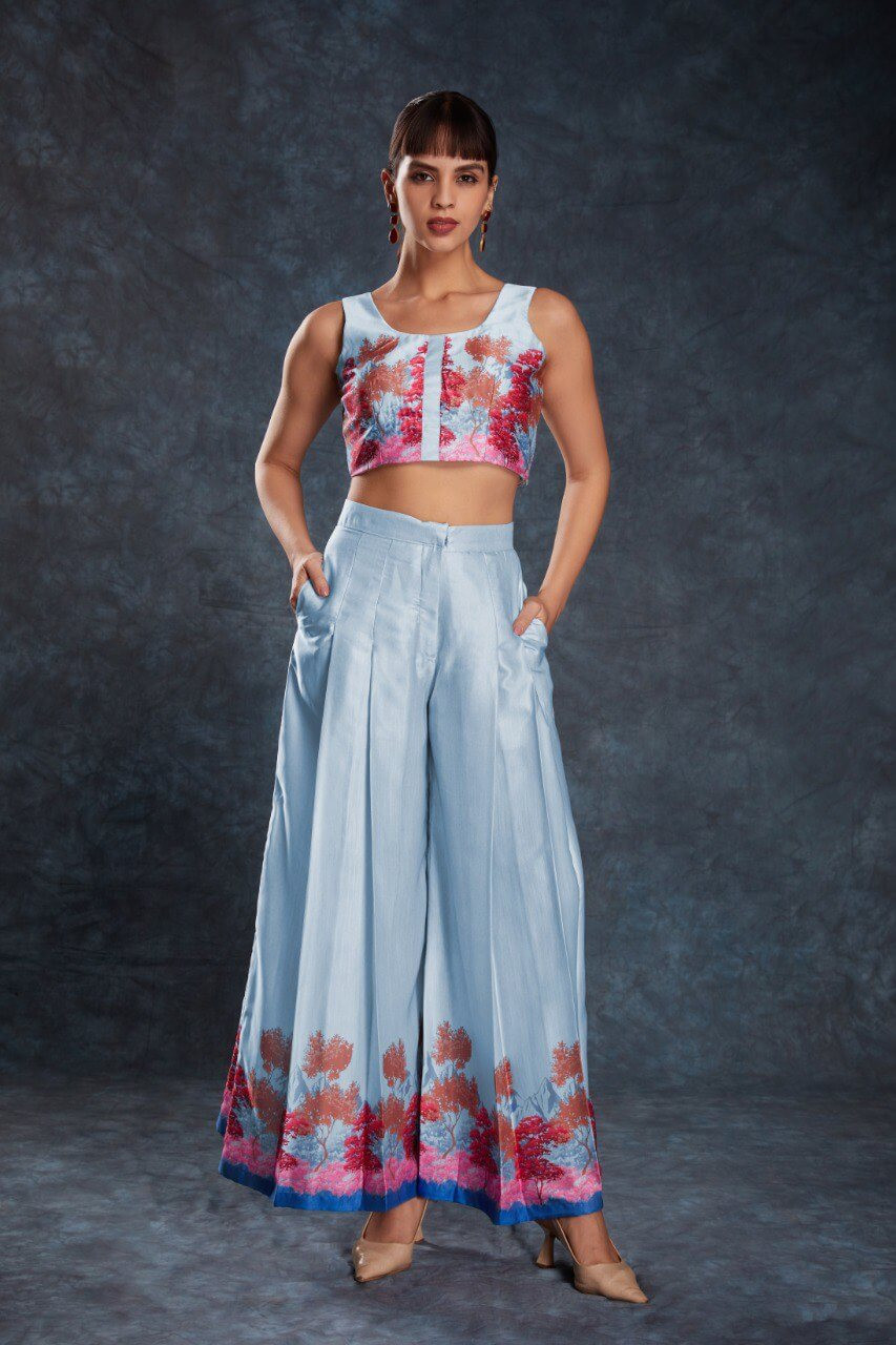 Bella Aura Style Sky Blue Satin Printed Co-Ord Set