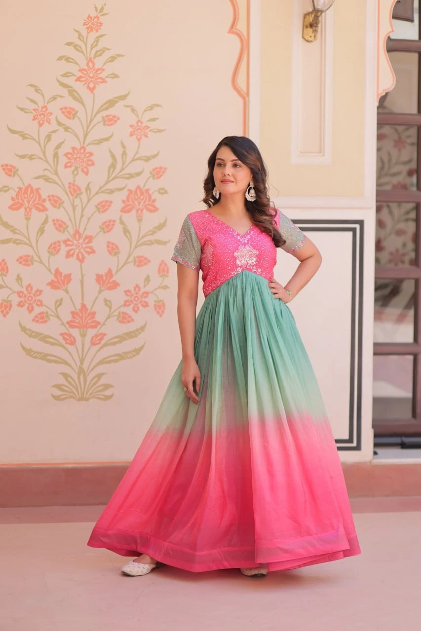 Classy Multicolored Faux Georgette Sequins Beads Anarkali Gown Festive Wear Pink