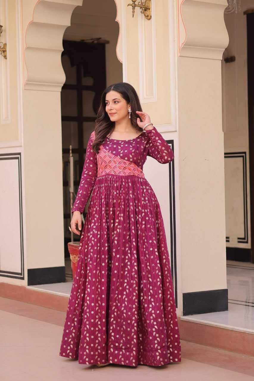 Wine Pink Ethnic Gown with Jacquard Weave & Printed Choli