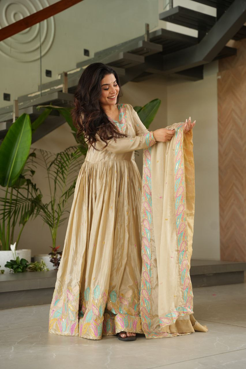 Wearup Women’s Chinnon Embroidered Gown with Dupatta Full Sleeves - off white
